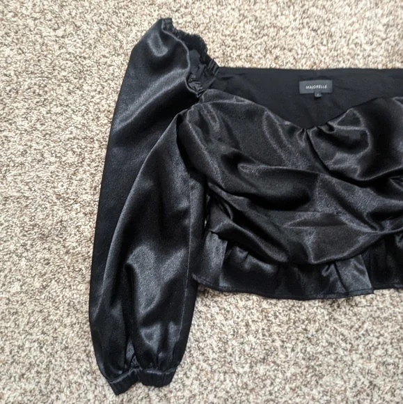 Majorelle Black Satin Cropped Puff Sleeve Top - Picture 3 of 11